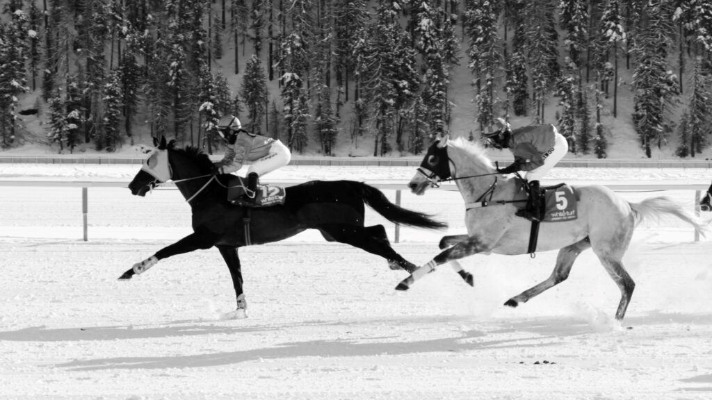 Two racehorses running side by side across the snow at White Turf St. Moritz