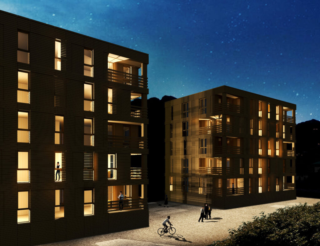 Nighttime architectural rendering of two multi-storey timber buildings around a pedestrian courtyard